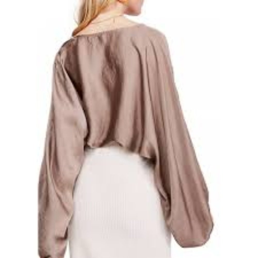Free People Midnight Vibes Satin Blouse Taupe NEW - Picture 6 of 11